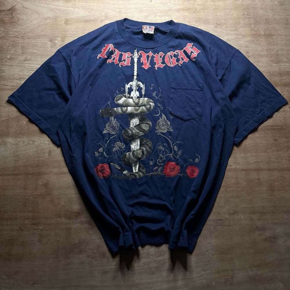 Vintage 90s Las Vegas Snake Dagger Rose Graphic Pocket T Shirt XL USA Made